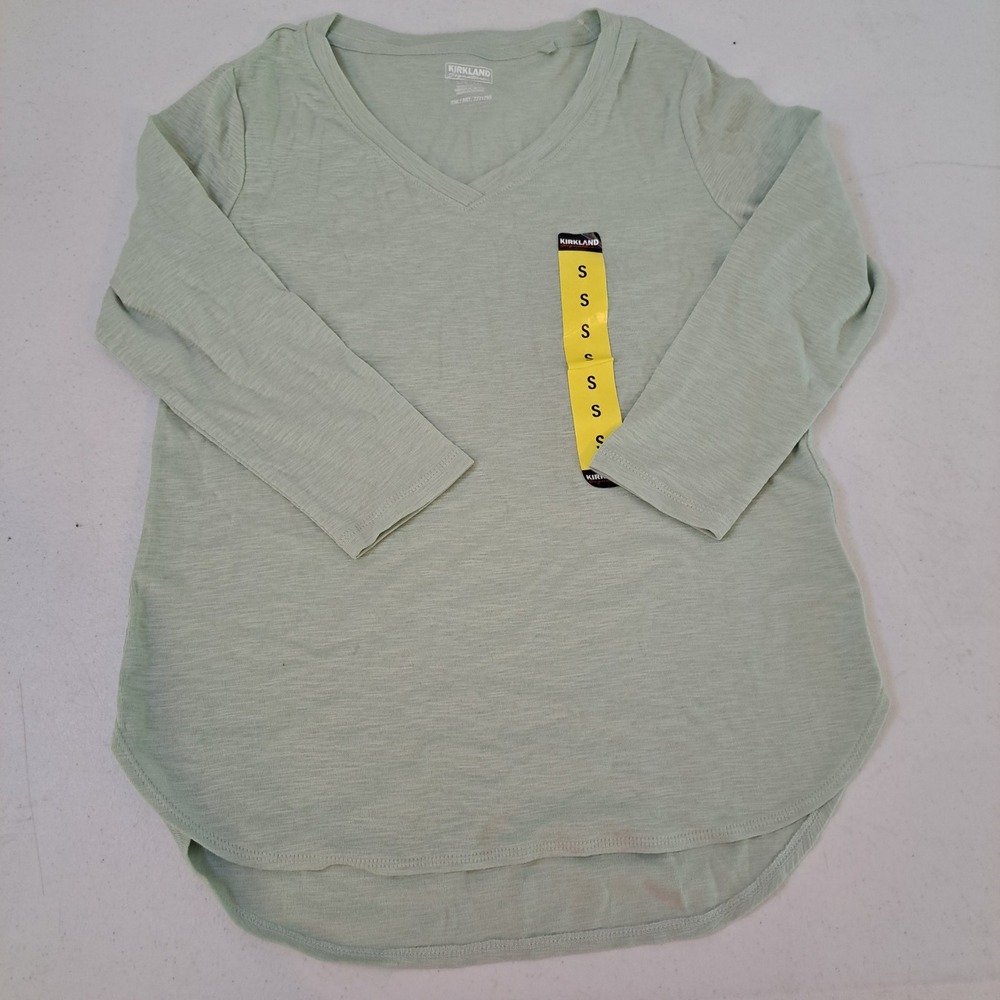 Kirkland Signature V-Neck Tee Women Small Green NWT 3/4 Sleeve Slub 1503-140